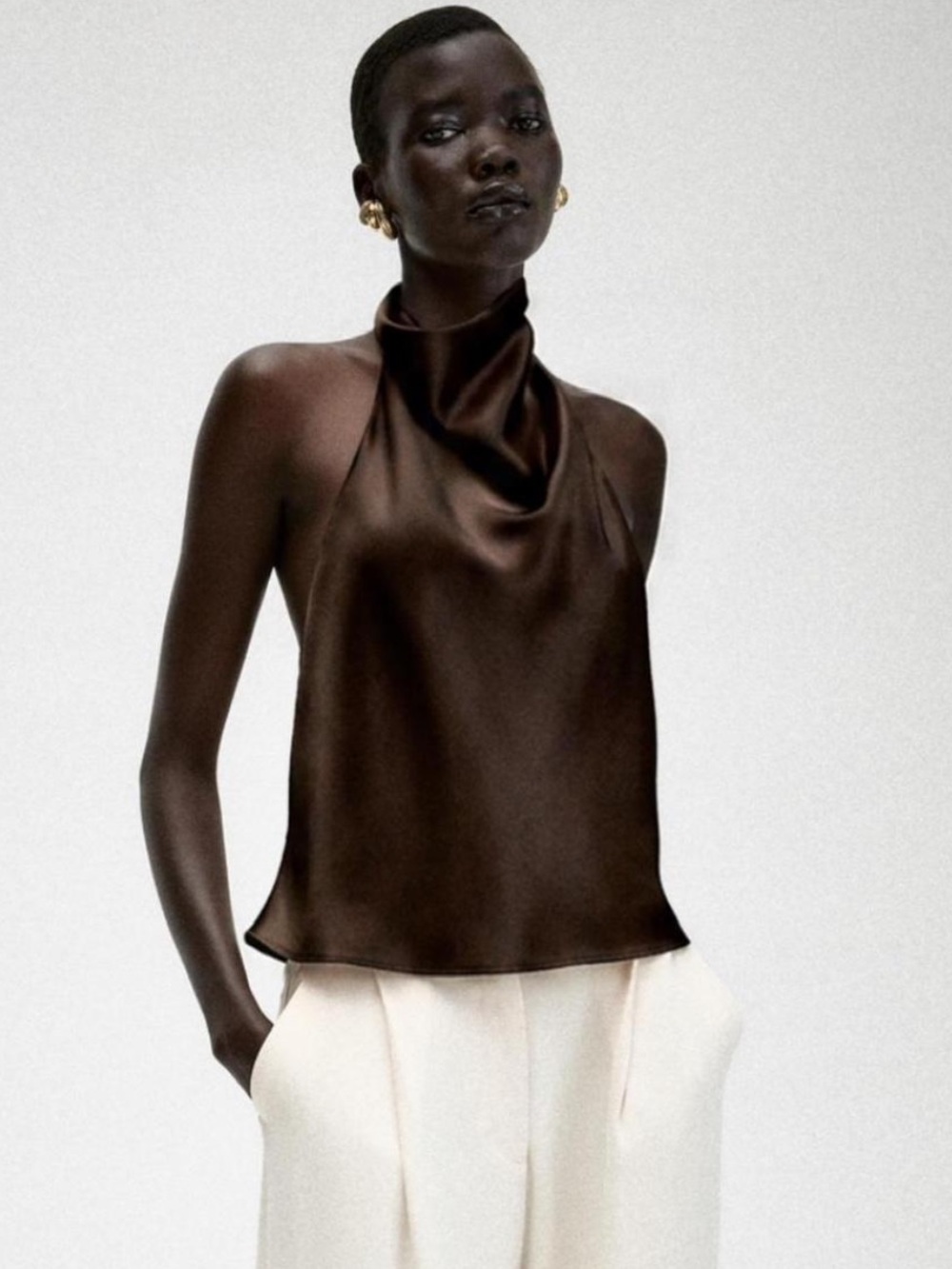 Zara Brown Satin Cowl Backless Mini Dress